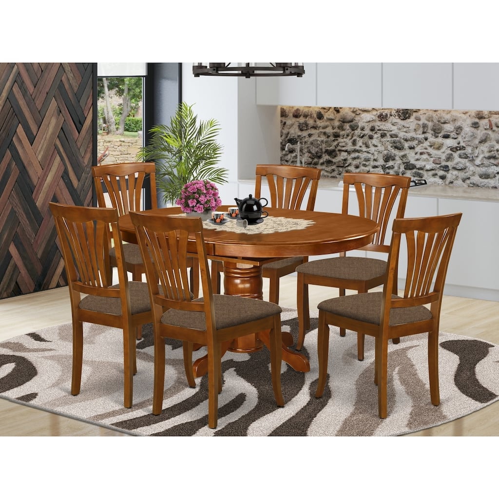 7-Piece Oval Saddle Brown Finish Solid Wood Top Dining Table with 6-Chairs with