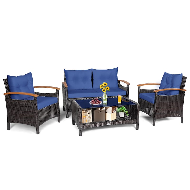 Costway 4PCS Patio Rattan Furniture Set Cushioned Sofa Storage Table