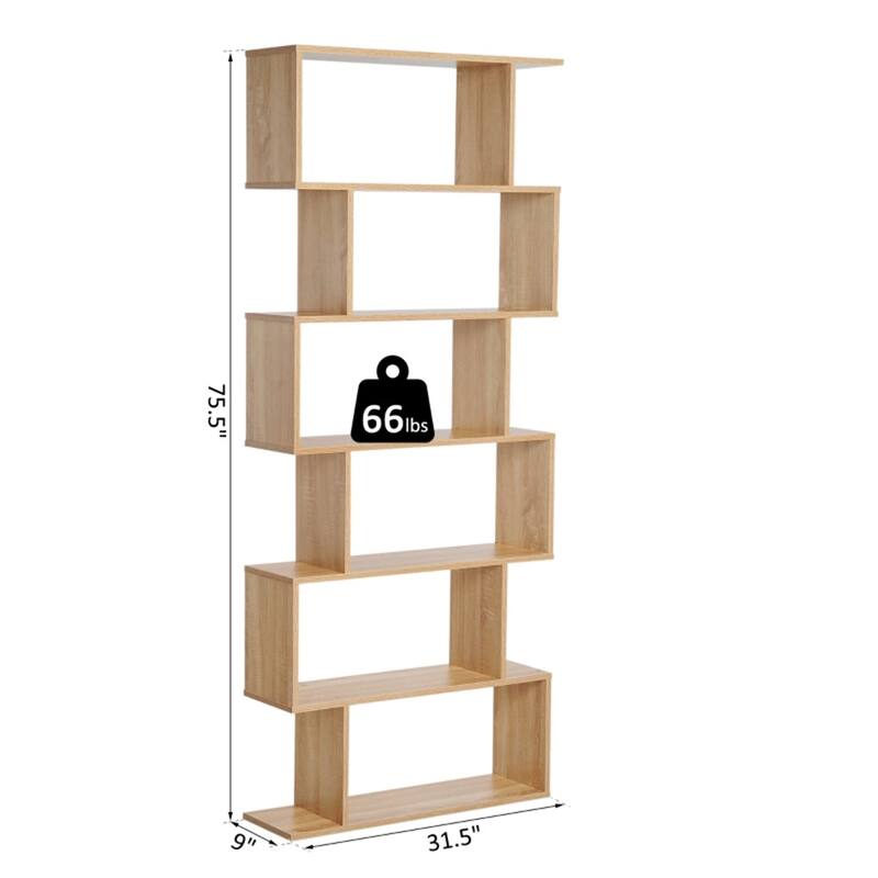 Oak Engineered Wood S-Shaped 6-Tier Bookshelves Shelf with Anti-Tip Design - 31.5" L x 9" W x 75.5" H
