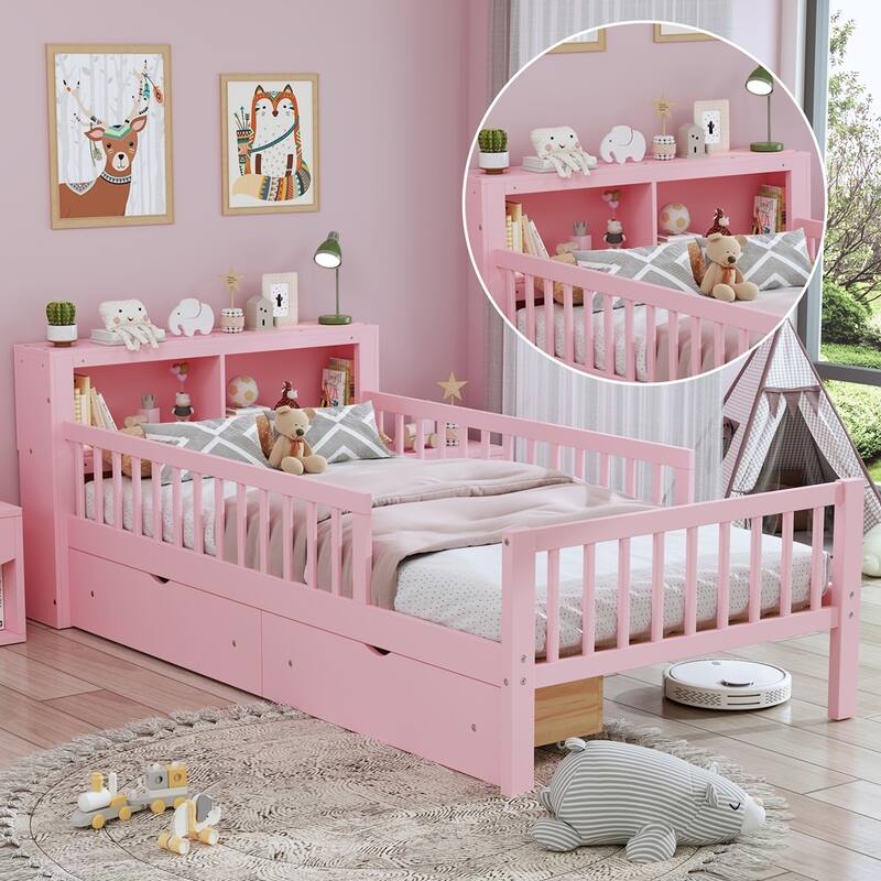 Twin Size Bed with Headboard Storage Rack - Pink