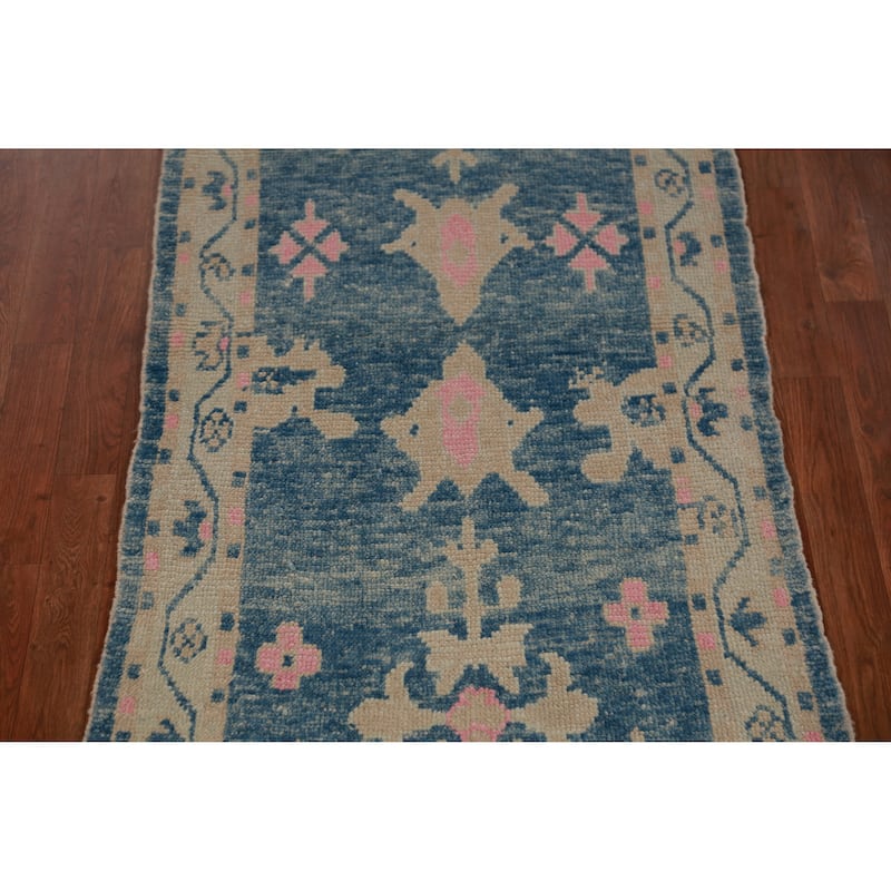 Hand Knotted Oriental 100% Wool Carpet Transitional Geometric Navy Blue & Blues Oushak Runner Rug - 9' 4'' X 3' 0''