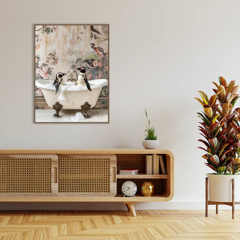 Penguin Pals in a Bubble Bath by Niky Rahner Framed Canvas Wall Art