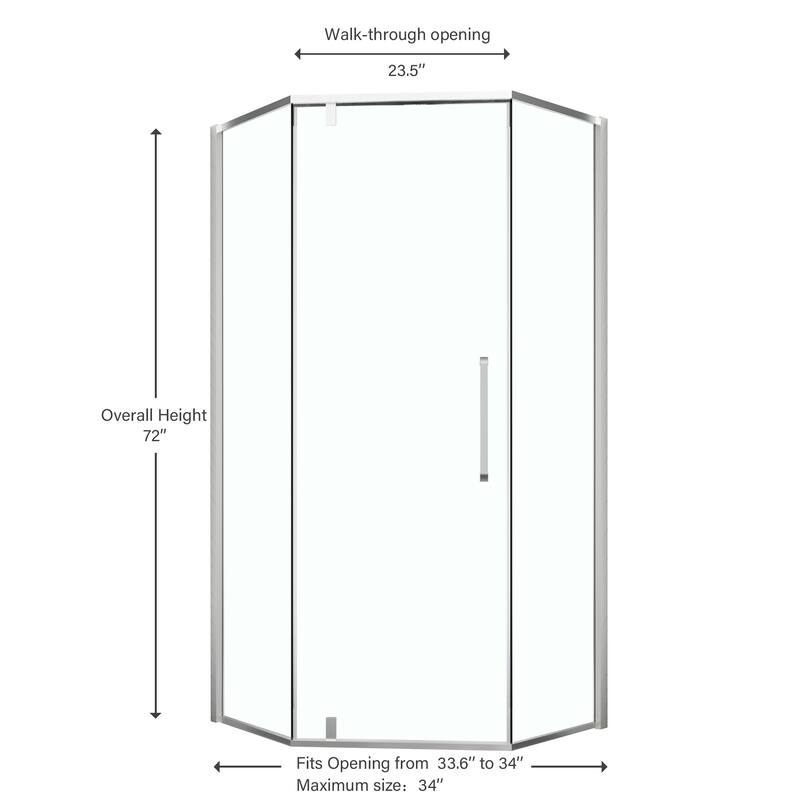 Lordear Shower Door 34-1/8" x 72" Semi-Frameless Neo-Angle Hinged Shower Enclosure - Brushed