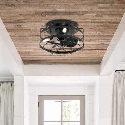 12.5" Black Small Metal Caged Low Profile Ceiling Fan with Light