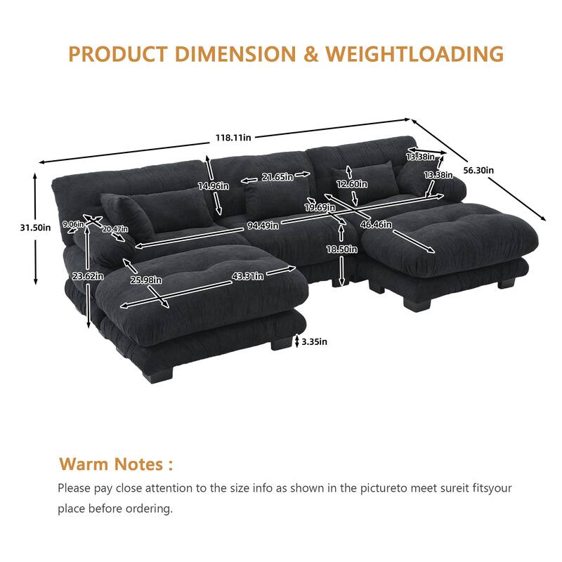 GALDWIN Velvet Upholstered 3-Seater Comfy U-shaped Cloud Tufted Free Combined Sectional Sofa with 2 Ottomans