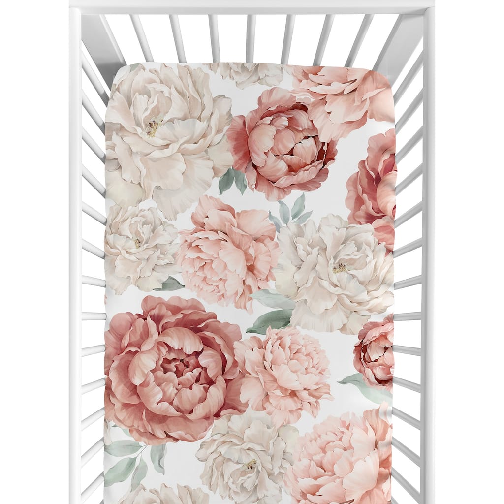 Boho Shabby Chic Floral Girl Fitted Crib Sheet Ivory Bohemian Vintage Garden Watercolor Flower Nature Elegant Pastel Dusty Rose