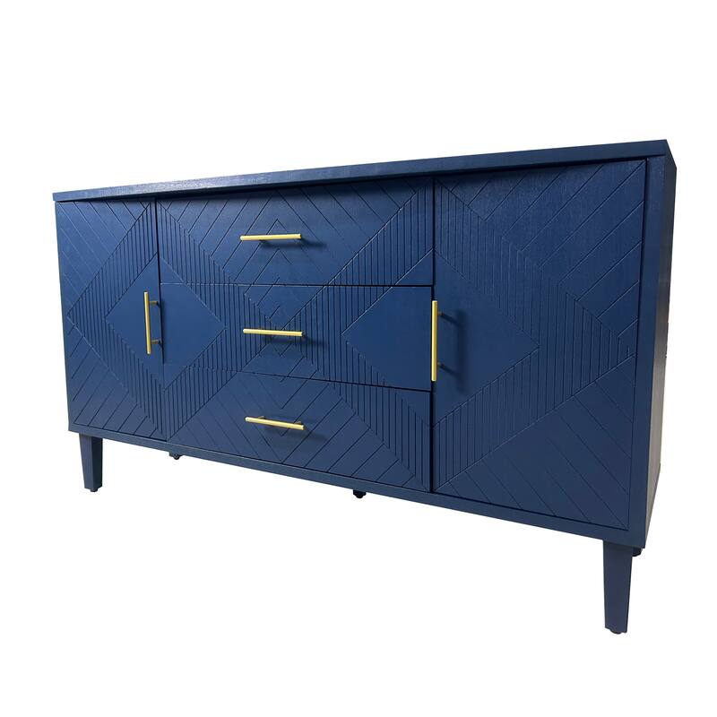 Buffet Cabinet Navy Blue Sideboard with 3-Drawer & 2 Storage Cabinet, Entrance Cabinet Cupboard Console Table w/ Curved Desktop