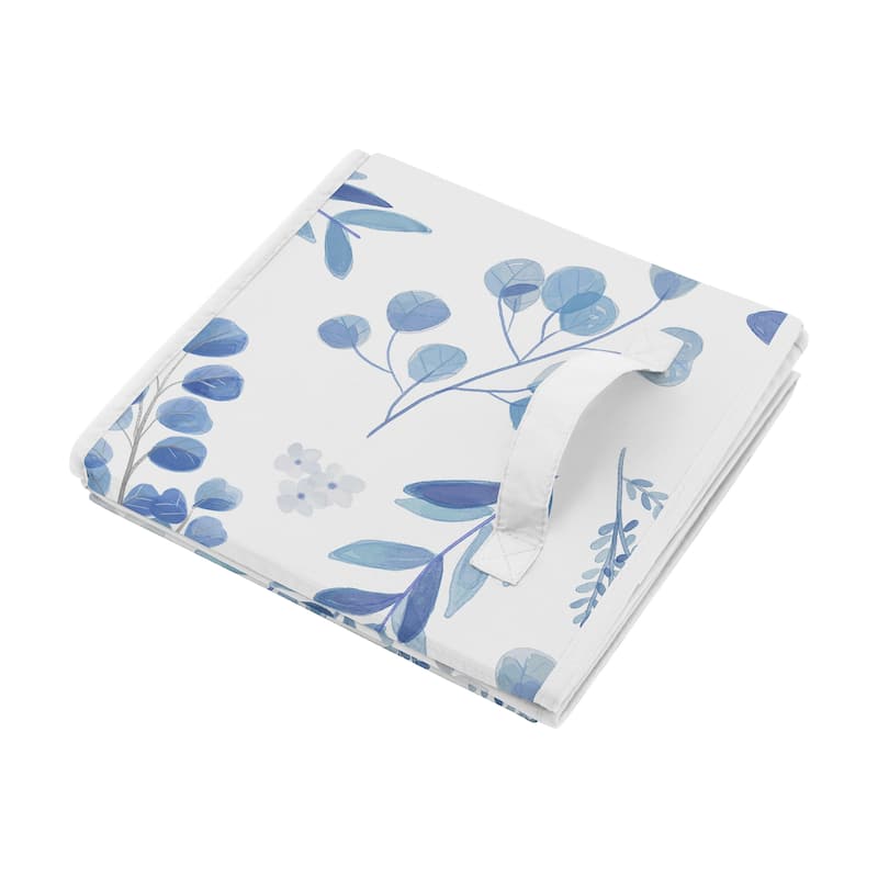 Floral Leaf Collection Foldable Fabric Storage Bins - Blue Grey White Boho Watercolor Botanical Flower Woodland Tropical Garden