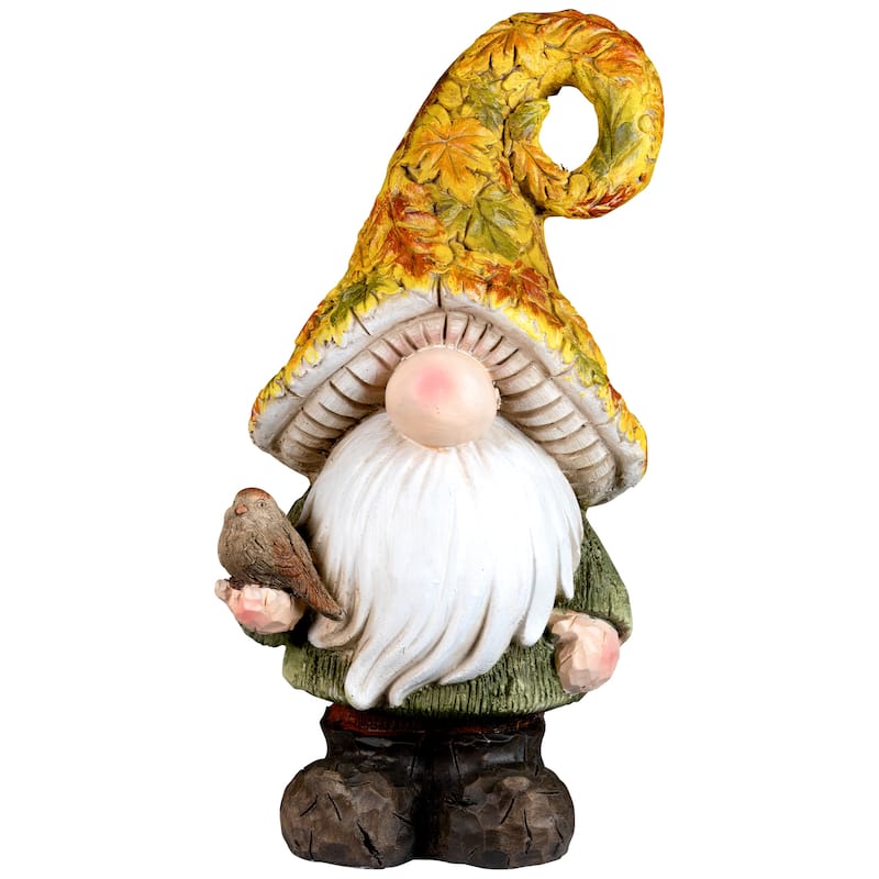 Fall Harvest Gnome in Maple Leaf Mushroom Hat Holding Bird - 16.5"