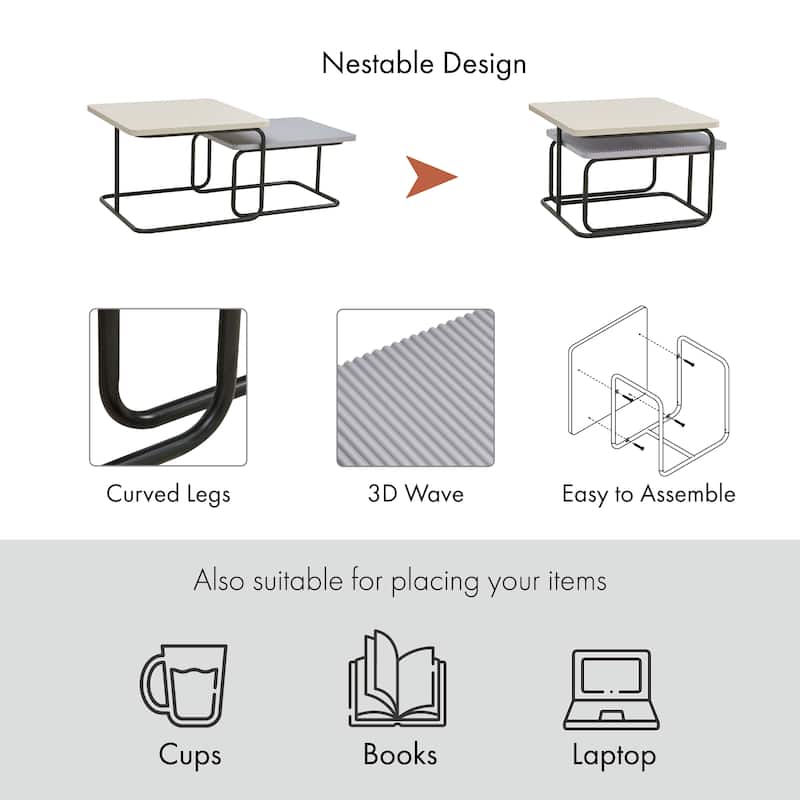 Furniture of America Tracy Modern 2-Piece Nesting Fluted Cream/Grey Square Coffee Table Set