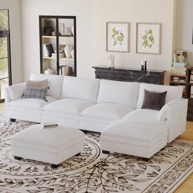 U-Shaped Sectional Sofa with Movable Ottoman, Oversized Fabric Upholstered 6 Seater Sofa, Deep Seat Sofa with Side Pockets