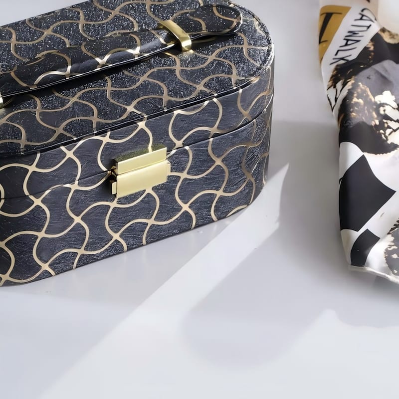 9.5" Long Leather Jewelry Organizer Case with Mirror, Gold Swirl Pattern, Black