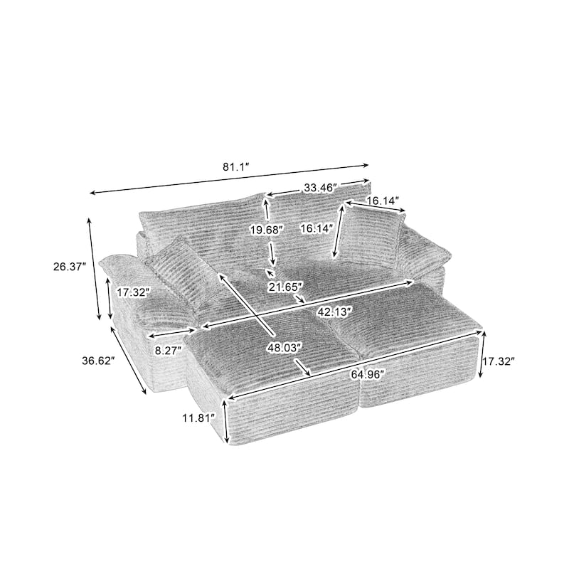 Rossetta 2-Seat Oversized Personalized Corduroy Soft Modular No Assembly Sofa with 2 Movable Ottoman