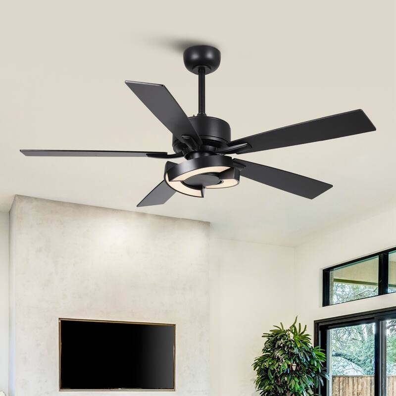 52" Black Wooden 5-Blade Dimmable Modern Ceiling Fan with Light and Remote
