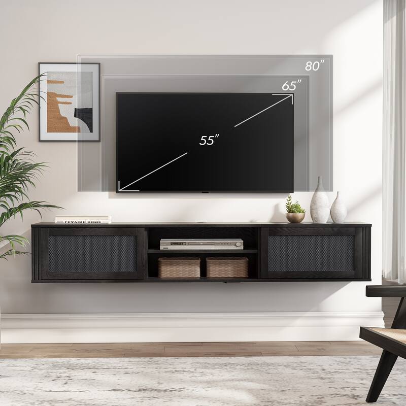 WAMPAT Floating TV Stand Shelf with Power Outlet and 2 Rattan Doors