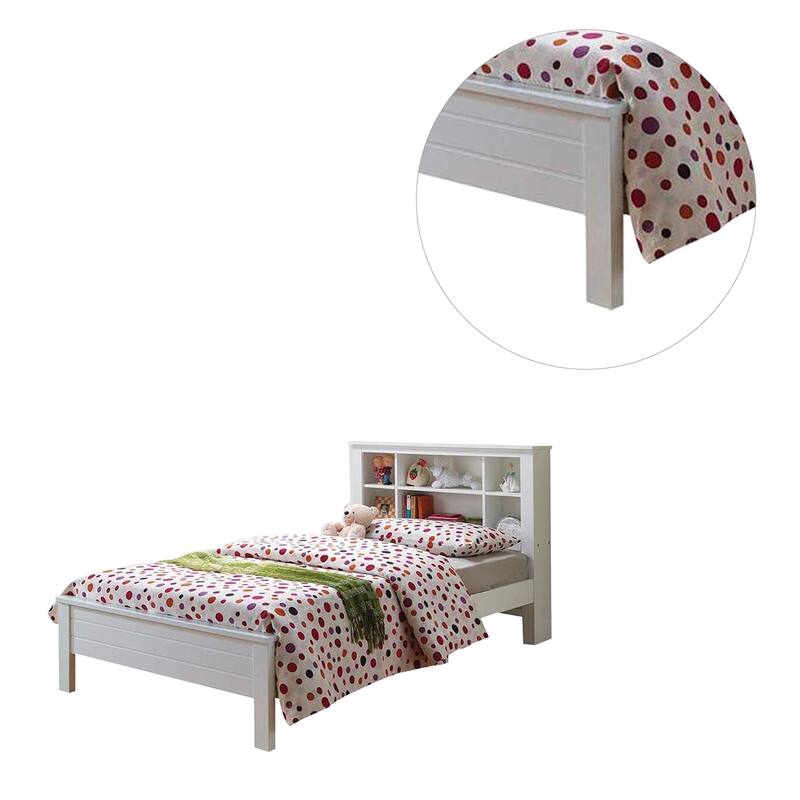 Wooden Twin Bed with Shelf Headboard in White
