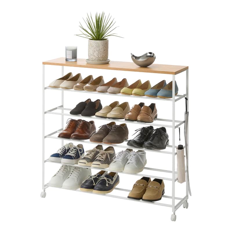 Yamazaki Home Rolling Five-Tier Shoe Rack, Steel and Wood, Wheels - L 10.24 x W 35.63 x H 34.25 inches - White