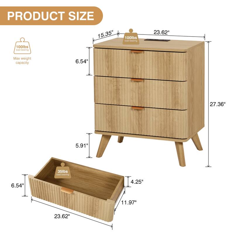 23.62in.W End Table 3-Drawer Nightstand with Charging Station