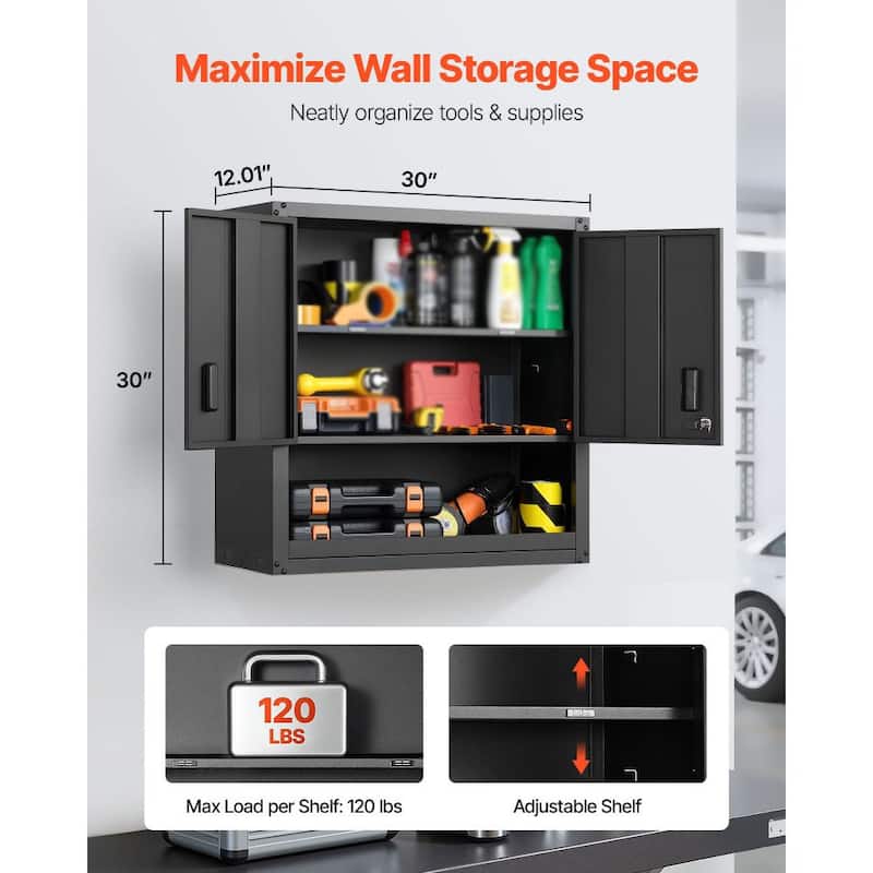 30 Inch Matte Black Metal Wall Storage Cabinet with Adjustable Shelves and Lockable Doors - 30” x 12.01” x 30”