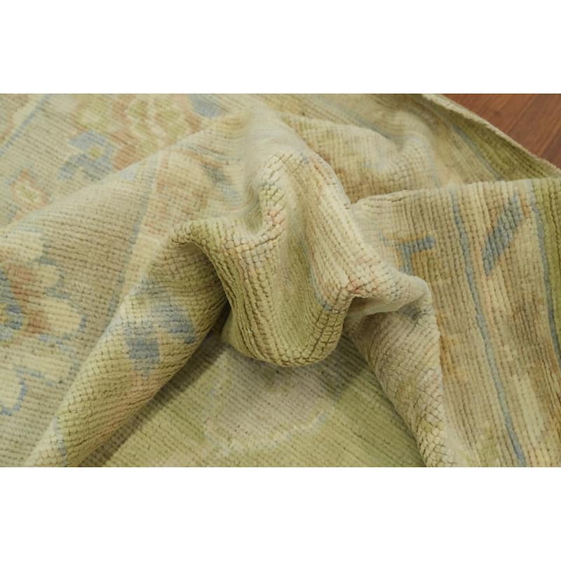 Vegetable Dye Green Oushak Turkish Area Rug, Floral Geometric Carpet - 11' 11'' X 9' 3''