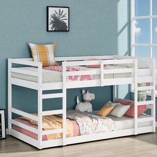 Twin Over Twin Bunk Bed with Ladder, Solid Wood Frame, Guardrails, Slat ...