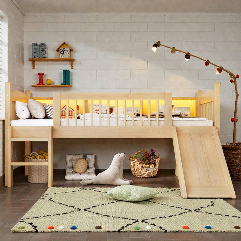 Twin XL/Twin Wood Loft Bed with Storage Shelves, LED Lights, Full-Length Guardrails & Solid Wood Frame, No Box Spring Needed - Natural - Twin XL