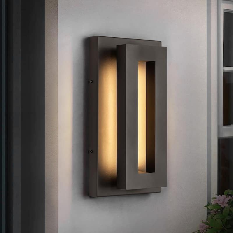 Modern 14 in. Industrial Aluminum Square Wall Sconce Integrated LED 3000K Waterproof Lantern Outdoor Light for Patio - 7.4 in. W x 14.3 in. H x 3.9 in. D - Black