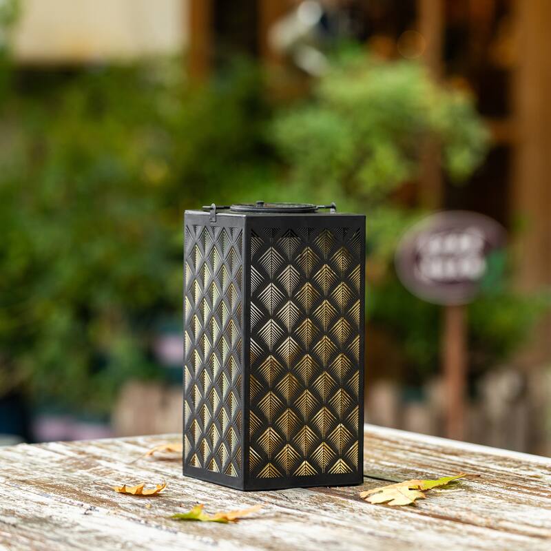 Glitzhome 11"H Black Metal Cutout or Square Textured Glass Pattern Solar Powered Hanging Lantern with LED Light - Single-Square Textured