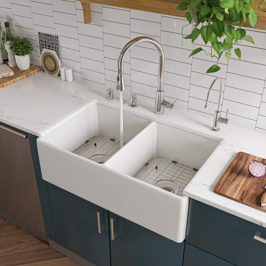 Alfi White Fireclay 32-inch Smooth Double Bowl Farmhouse Kitchen Sink