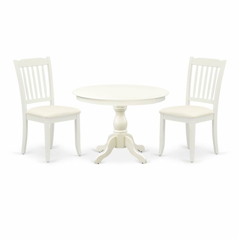 East West Furniture 3 Piece Modern Dining Table Set- a Round Table and 2 Dining Chairs, (Finish & Seat Options)