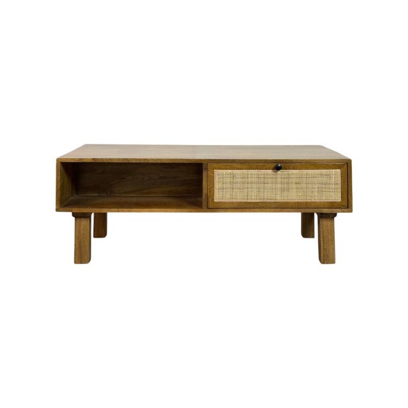 Haven Acacia Wood Coffee Table with Dual Storage Compartments - Rectangular Blonde Finish, Cane Trim Drawer, Open Cubby Table