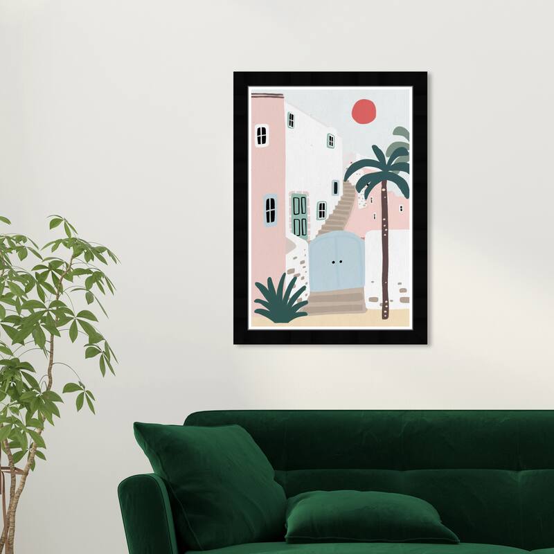 Wynwood Studio Prints Architecture and Buildings Pastel City Shore Pink and Light Pink Tropical Wall Art Canvas Print - Black