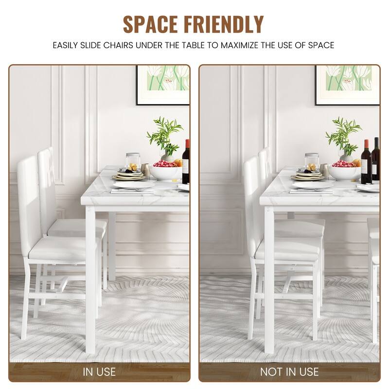 Grondin Modern Contemporary 5 Pieces Dining Table Set with Faux Marble Top and 4 PU Leather Upholstered Chairs