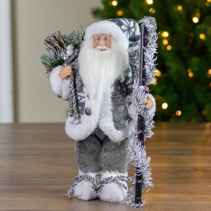12" Country Patchwork Gray and White Santa Claus Christmas Figure