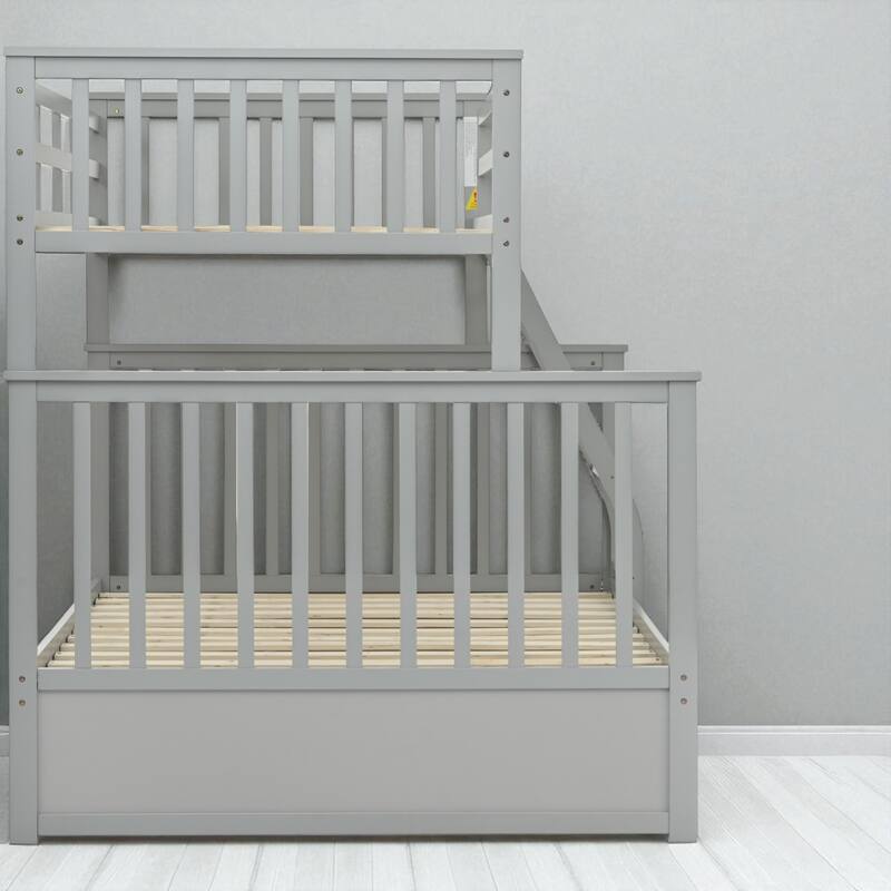 Wood Twin Over Full Bunk Bed with Ladder and Guardrails, Convertible Design, Space-Saving Frame for Kids and Teens