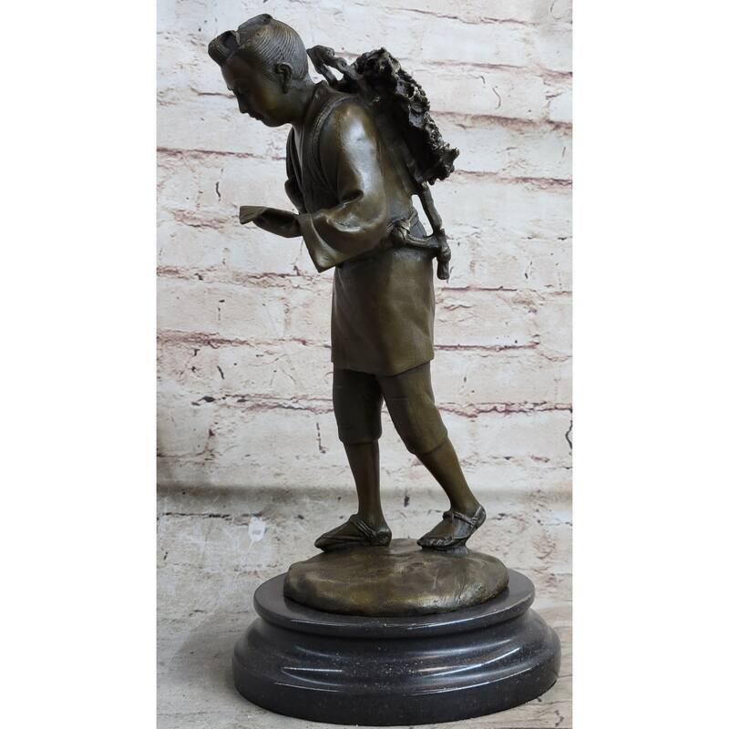 Japanese Scholar Bronze Statue With Backpack - Vintage Style Figurine Of Young Boy Reading