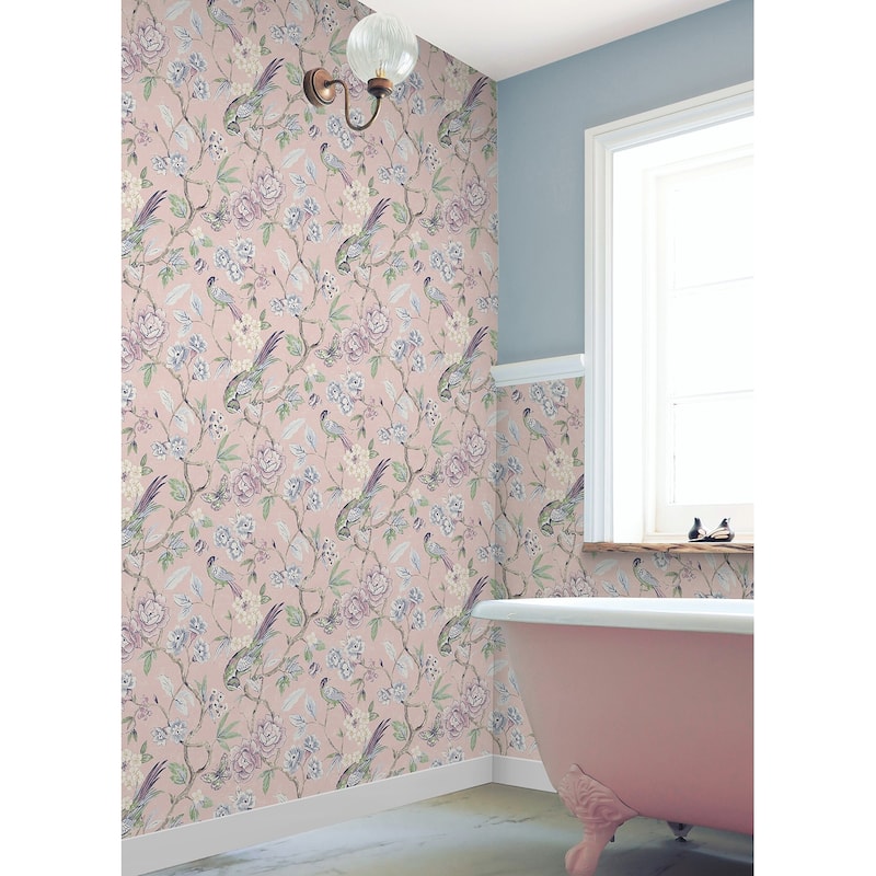 NuWallpaper Waverly Aviary Garden Pink Peel and Stick Wallpaper - N/A