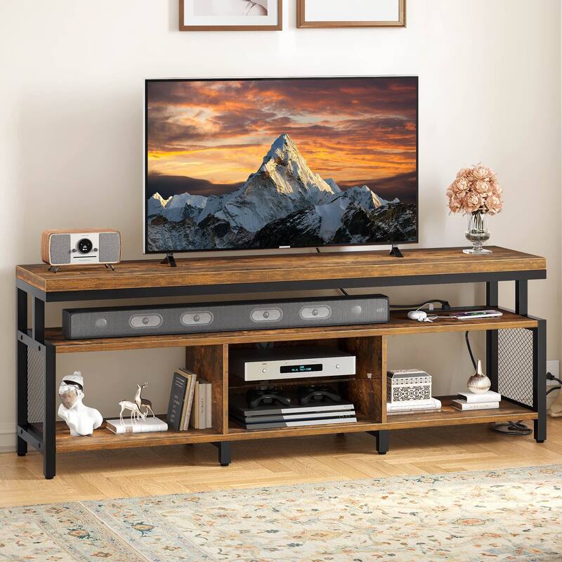 Industrial Wood TV Stand with LED Light with Open Storage Shelves Power Outlets Bluetooth Remote - 63 inches in width - Retro Brown