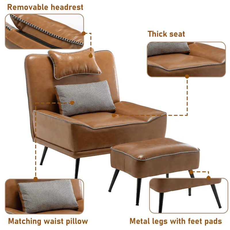 Accent Chair with Ottoman, Upholstered Faux Leather Chairs for Living Room Bedroom Lounge Chair, Modern Sofa Chair with Ottoman