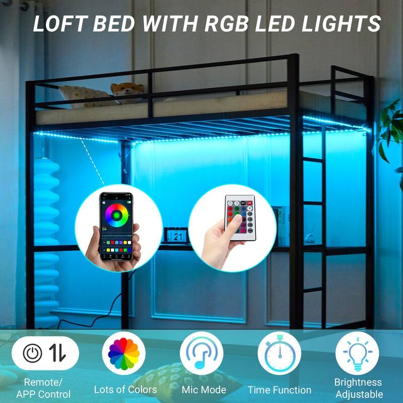 Twin Square Tube Raised Bed With Table Outlet LED Light Strip Iron Bed USA