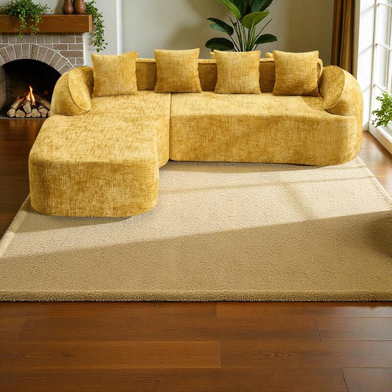 Chenille L-Shaped Compressed Sofa, 4-Seat Sectional Couch with Curved Armrests, High-Elastic Sponge & 4 Throw Pillows