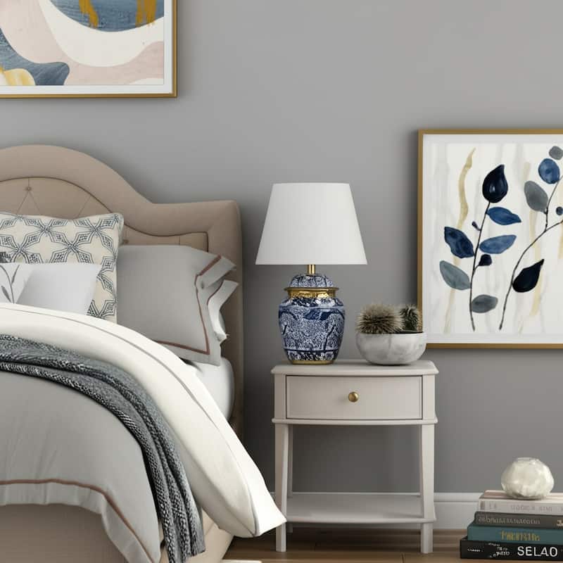 Ceramic Table Lamp Drum Shade Chinoiserie - 18" White/Blue - 12" x 12" x 18"