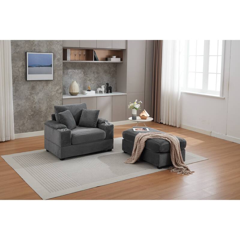 Corduroy Upholstered Chaise Lounge with Movable Ottoman, Living Room Storage Sofa Chair with Cup Holder, Detachable Cushions