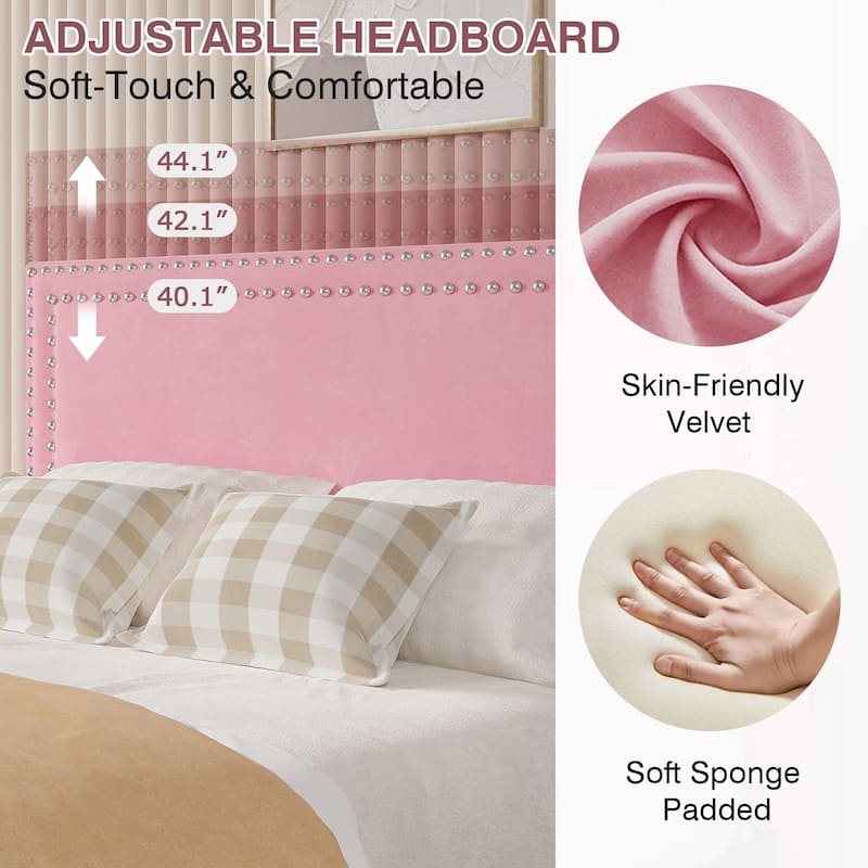 VECELO Upholstered Storage Bed Frames with 4 Storage Drawers Platform Bed Frame with Adjustable Velvet Rivets Headboard