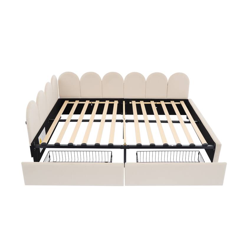 L-Shape Garden Backrest Daybed, Velvet Upholstered Sofabed with 2 Drawers, Soft Fabric Headboard Platform Bed Frame