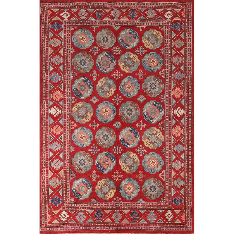 All-Over Geometric Kazak Living Room Area Rug Handmade Wool Carpet - 6'4" x 9'7"