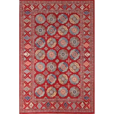All-Over Geometric Kazak Living Room Area Rug Handmade Wool Carpet - 6'4" x 9'7"