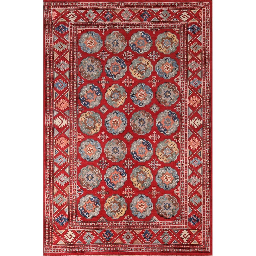 All-Over Geometric Kazak Living Room Area Rug Handmade Wool Carpet - 6'4" x 9'7"