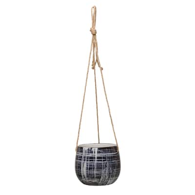 Hanging Stoneware Planter with Line Patterns and Jute Rope