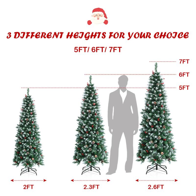 Gymax 5/6/7 FT Pre-lit Hinged Christmas Tree Artificial Pencil Xmas